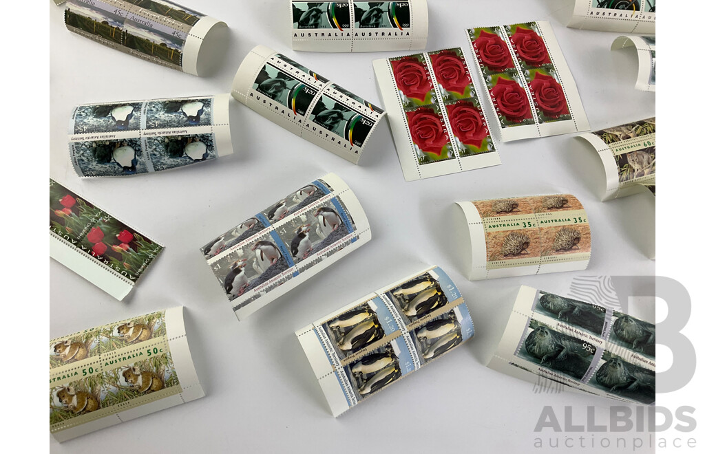 Collection of Australian Stamp Blocks Including Vineyard Regions, Barcelona 1992, Antarctic Territory and More - Face Value Over $60