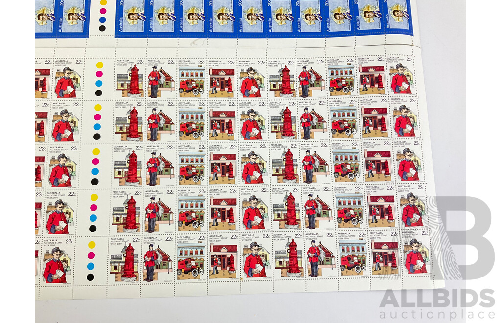 Australian 1980's Mint Stamp Sheets and Gutters Including 1980 Australia Day and National Stamp Week, Explorers