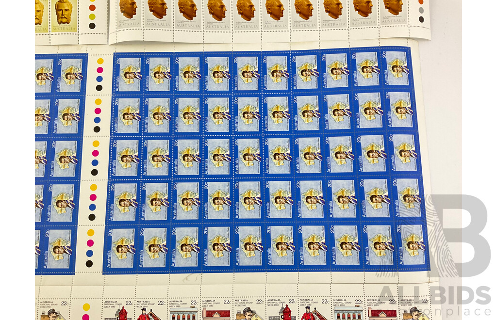 Australian 1980's Mint Stamp Sheets and Gutters Including 1980 Australia Day and National Stamp Week, Explorers