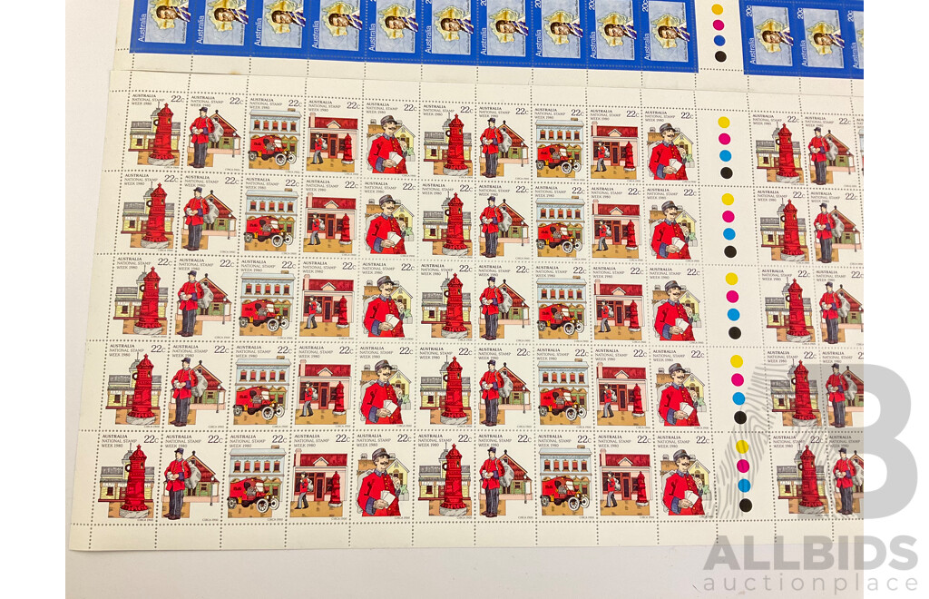 Australian 1980's Mint Stamp Sheets and Gutters Including 1980 Australia Day and National Stamp Week, Explorers
