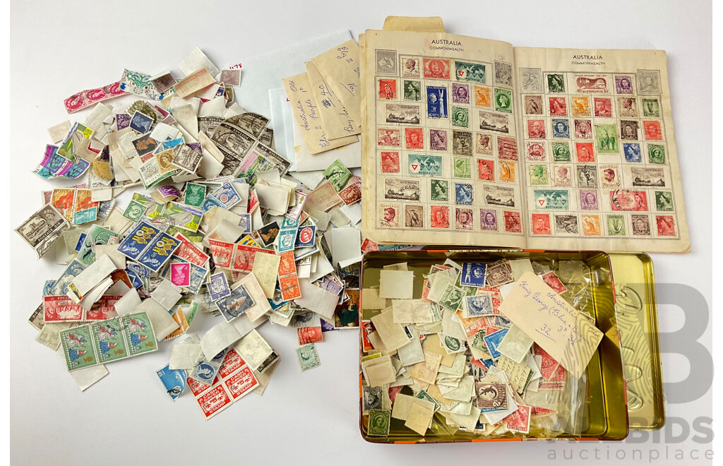 Collection of Cancelled International Stamps Including Australian Predecimal, Britain, Phillipines and More with Embassy Stamp Album