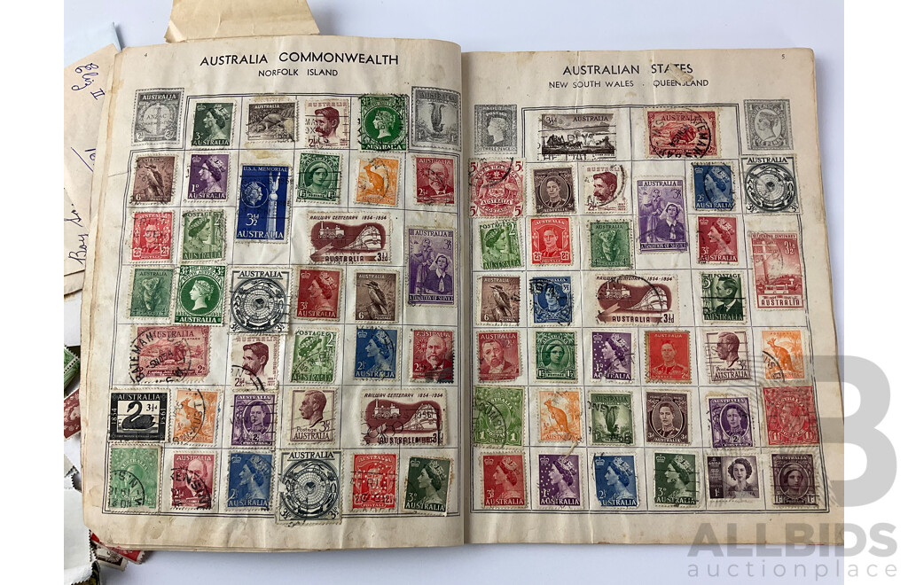 Collection of Cancelled International Stamps Including Australian Predecimal, Britain, Phillipines and More with Embassy Stamp Album