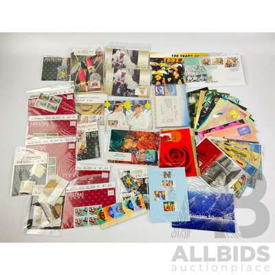 Collection of Australian 1998-99-2000 First Day Issue Postcards, Collectors Choice/Stamp Packs Including 100 Years of Test Rugby, Snowy Mountain Scheme 1999, Australian Legends and More