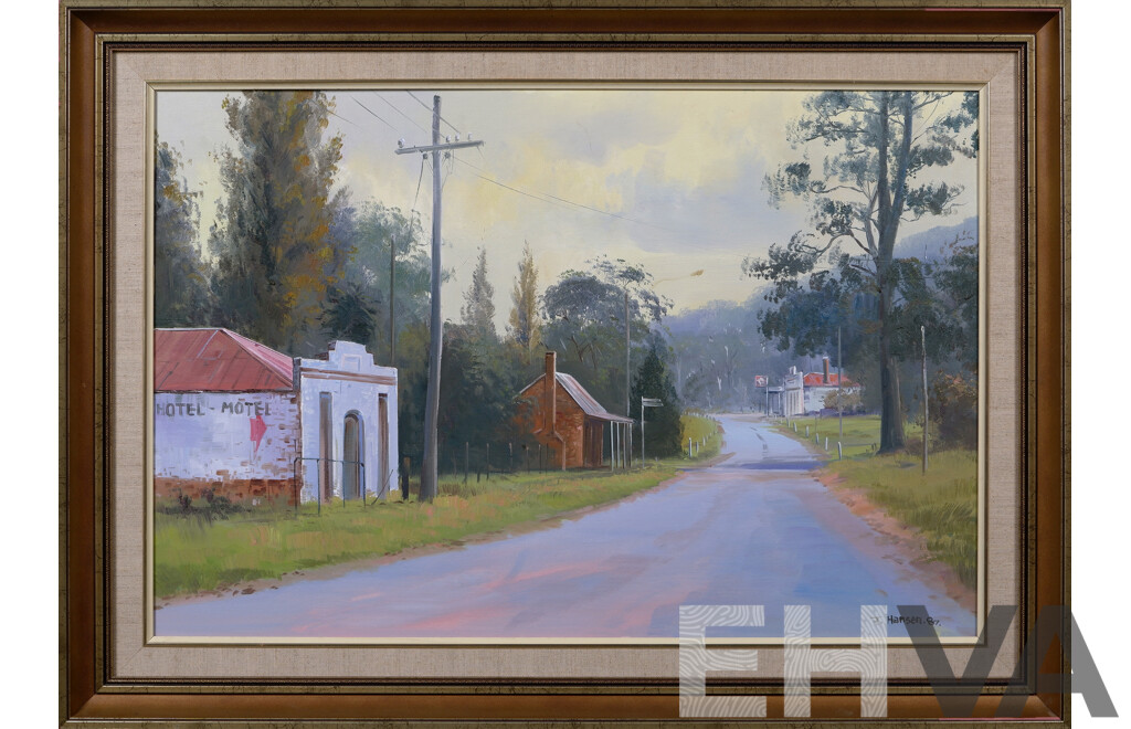 John Hansen (Contemporary, Australian), Untitled (Main Street) 1987, Oil on Canvas Board