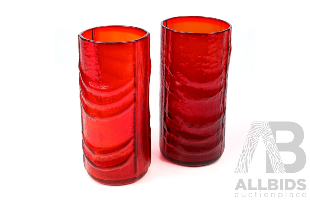 Pair Mid Century Translucent Red Glass Vases with Textured Finish