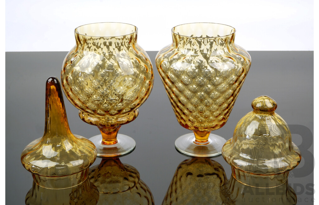 Two Unusual Amber Glass Lidded Bathroom Jars