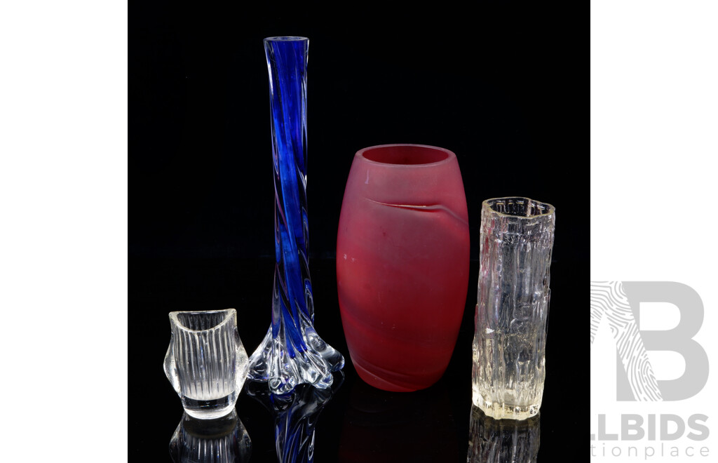 Collection Four Retro Glass Pieces Including Elephant Foots Vase with Blue Internal Detail, Textured Frosted Example and More