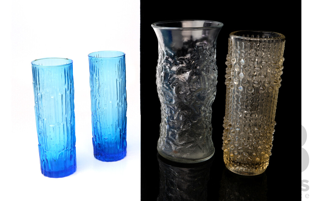 Collection Four Retro Glass Pieces with Textured Detail Including Pair Blue Examples and More