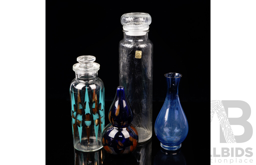 Collection Studio Glass Pieces Including Two Lidded Canisters, Gourd Form Vase with Adventurine Inclusions and More