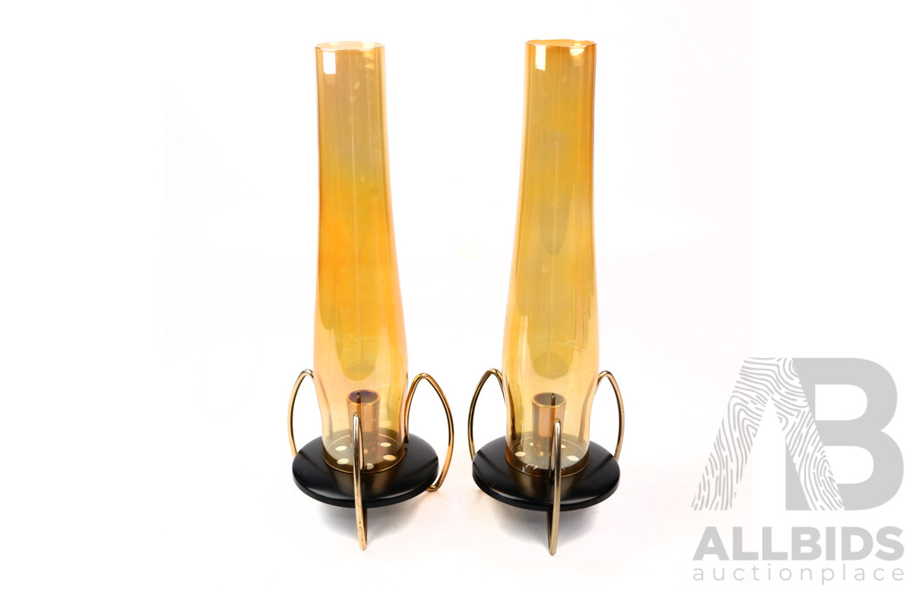 Pair Vintage Jet Age Atomic Aluminum Candle Holders with Amber Glass Chimneys