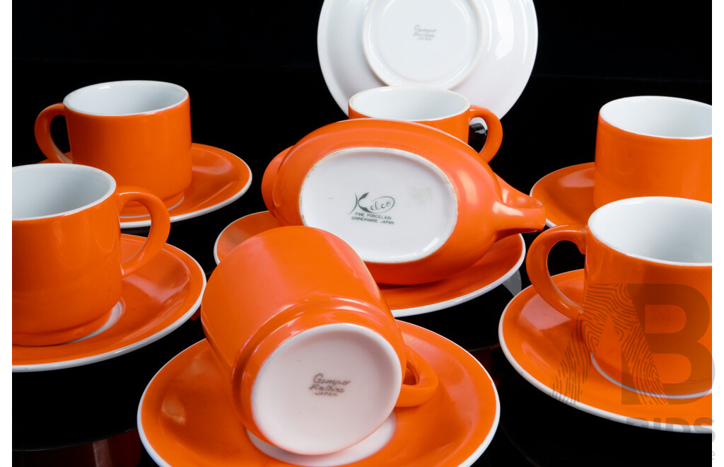 Funky Burnt Orange Set Gempo Ceramic Tea Set Along with Kelco Jug and Underplate