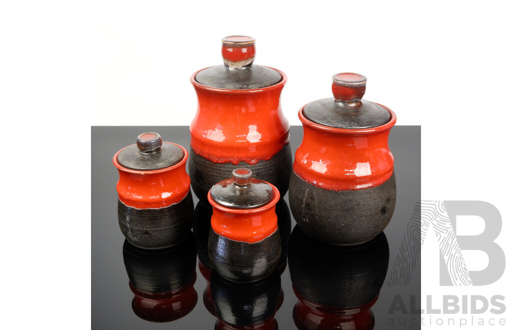 Set Four Mid Century Studio Pottery Lidded Canisters by MDK