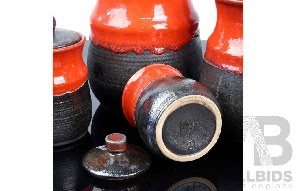 Set Four Mid Century Studio Pottery Lidded Canisters by MDK