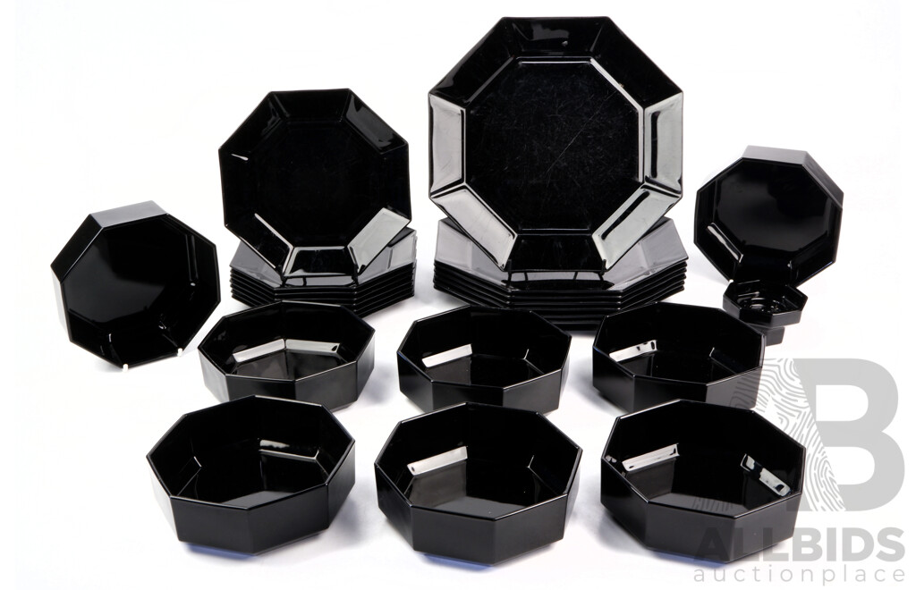 Retro 24 Piece French Black Glass Hexagonal Dinner Service