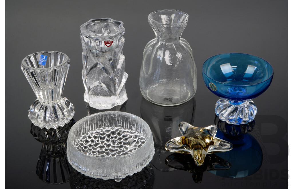 Collection Mid Century Glassware Including Orrefors Palm Candle Holder, Sea Bag Form Vase, Ultima Thule Bowl and More