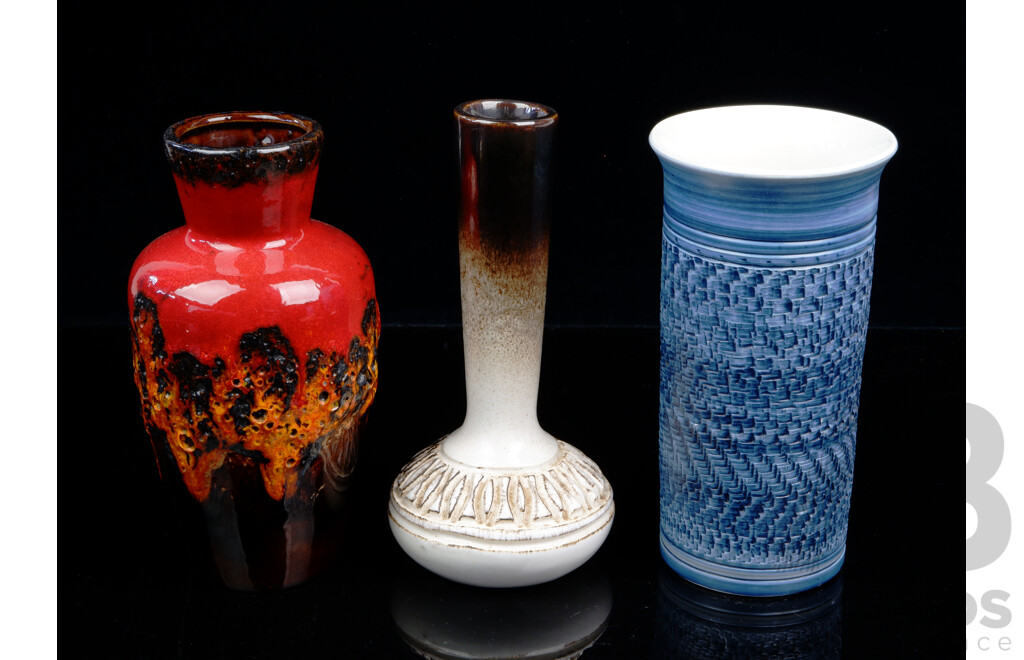 Trio Mid Century Vases Comprising West German Lava Glaze Example, Australian Ellis Pottery Example & Blue Studio Pottery Example