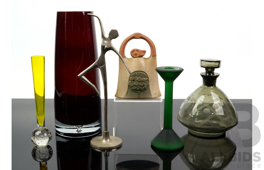 Collection Retro Mid Century Items Including Heavy Ruby Glass Vase, Yellow Controlled Bubble Stem Vase, Chrome Figure and More