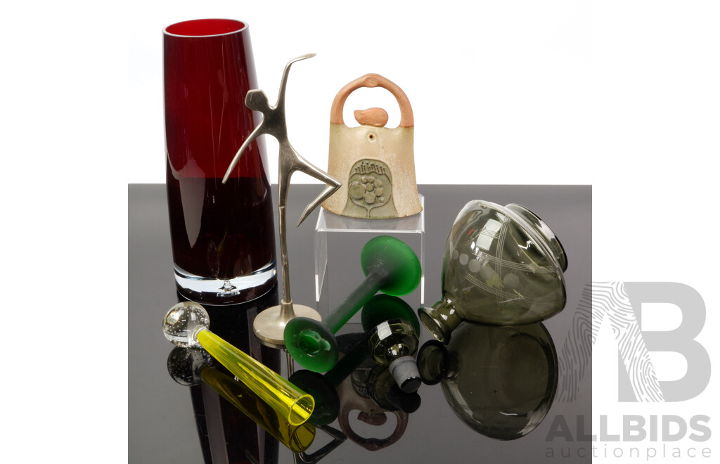 Collection Retro Mid Century Items Including Heavy Ruby Glass Vase, Yellow Controlled Bubble Stem Vase, Chrome Figure and More