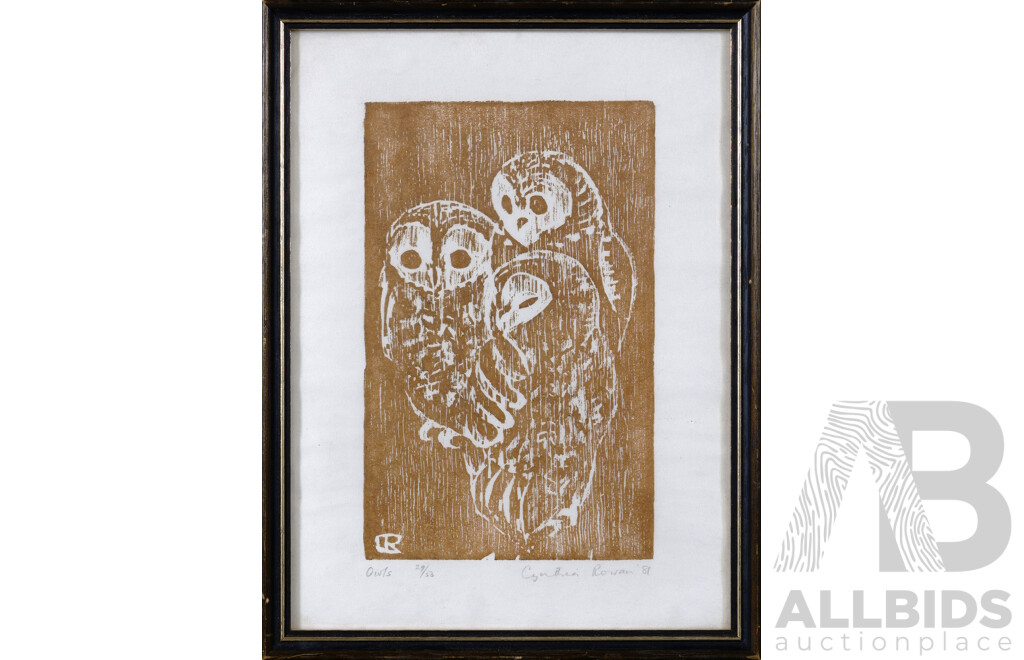 Cynthia Rowan, 'Owls' 1981, Original Woodblock Print on Paper, Signed and Editioned 29/50 Under Print Margin, 33 x 25 cm (frame)