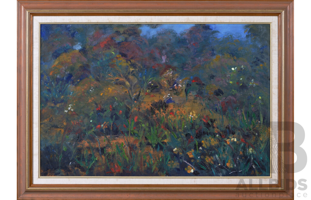 Barbara Hay, (Australian, Working c1990s), Nature Garden (1992), Oil on Canvas, 65.5 x 90 cm (frame)