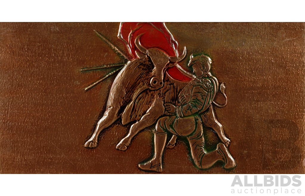 Artist Unknown, Bull and Matador, Mid Century Modern Pressed Copper 3D Relief Wall Art with Hand Painted Embellishment, 38 x 56 cm