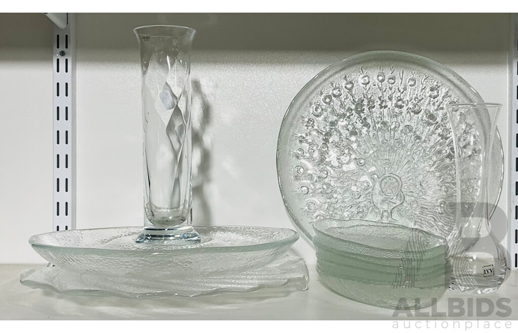 Collection of Retro Glass Platters, Plates and Pair of Vases