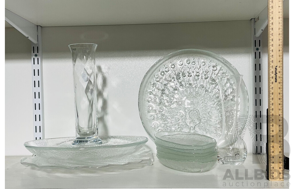 Collection of Retro Glass Platters, Plates and Pair of Vases