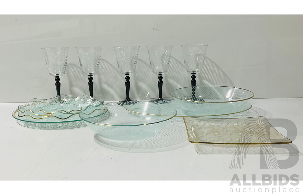 Collection of Retro Glassware Including Decorative Serving Bowls, Platters and Stemware