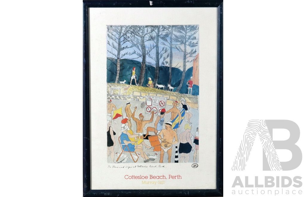 Murray Gill, (20th Century, Australian, 1944-1921), The Pines and Signs at Cottesloe Beach, Perth, Reproduction Colour Print of the Original Watercolour, 73 x 53 cm (frame)