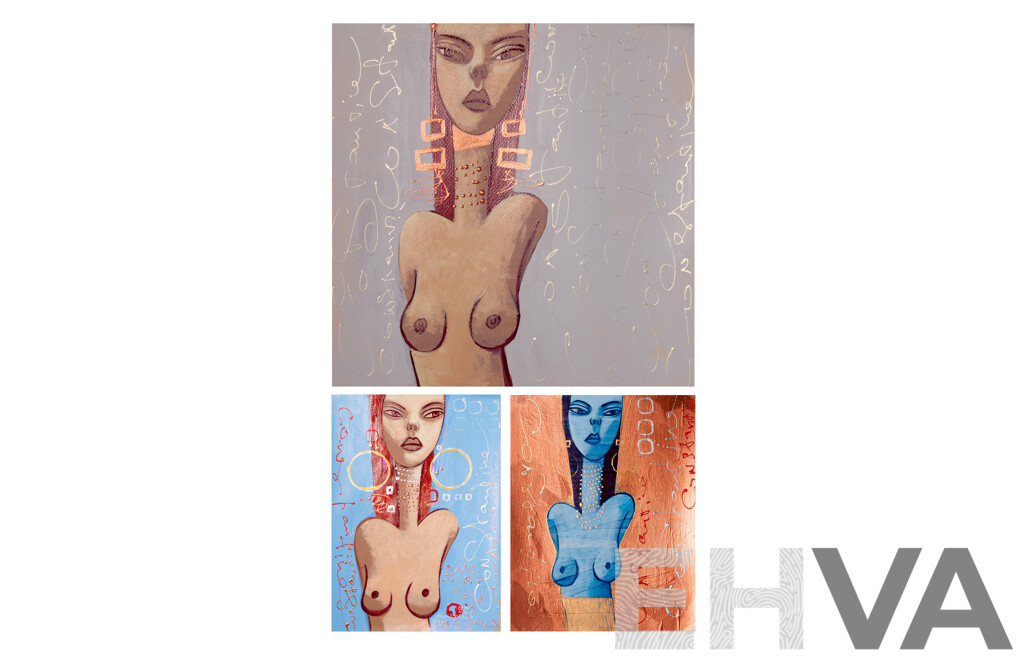 Constantine Popov, (20th Century, Russian-Australian, 1962-), Girls with Earrings, Acrylic on Card, 30.5 x 30.5 cm (largest) (3)