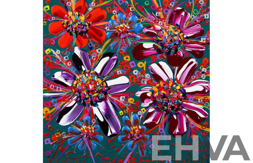 Constantine Popov, (20th Century, Russian-Australian, 1962-), Entropy - (Bright Flowers on Green), Acrylic on Wood Panel, 20.5 x 20.5 cm
