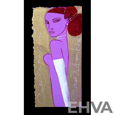 Constantine Popov, (20th Century, Russian Australian, 1962-), Wonderful Popov Purple Girl with Pearls on Gold, Acrylic on Card, 30 x 15 cm