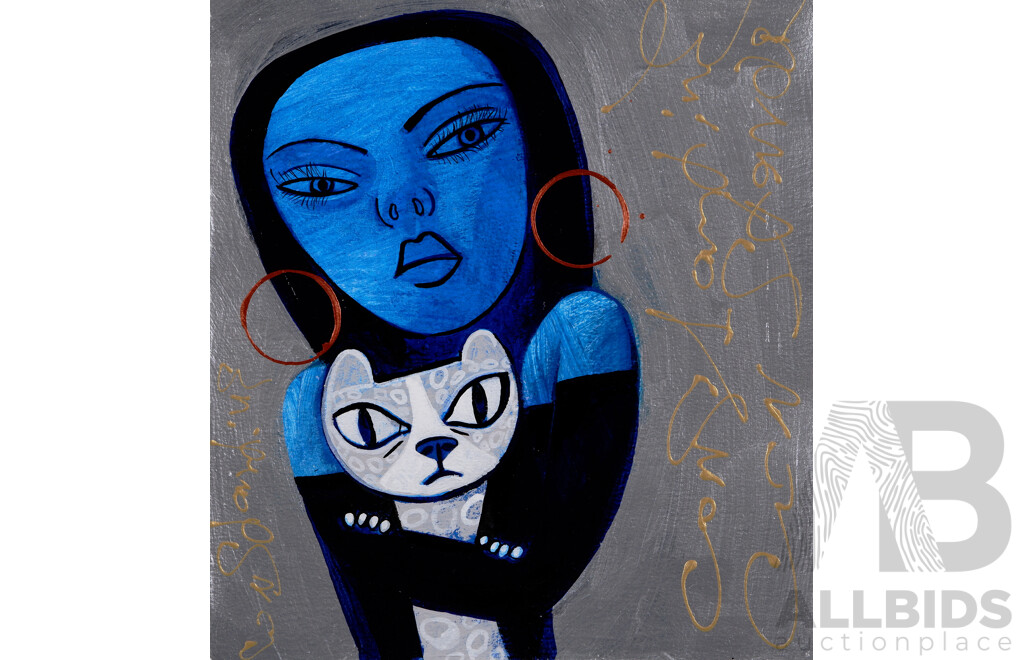 Constantine Popov, (20th Century, Russian-Australian, 1962-), Blue Girl with Cat, Acrylic on Card, 25 x 23 cm (edge to edge)