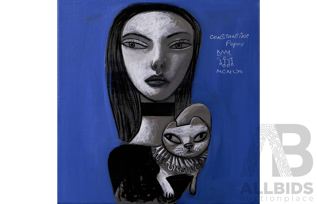 Constantine Popov (Born 1962), Untitled (Woman and Cat), Acrylic on Linen, Signed Upper Right and Inscribed Roman Numeral Date