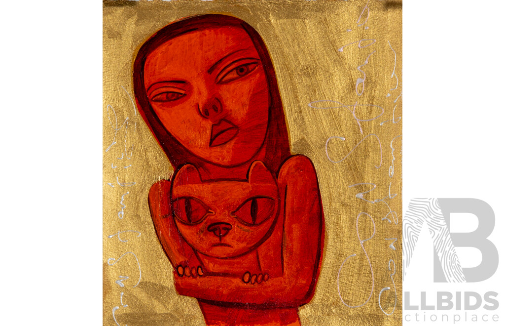 Constantine Popov, (20th Century, Russian-Australian, 1962-), Red Girl & Cat, Acrylic on Card, 25 x 23 cm