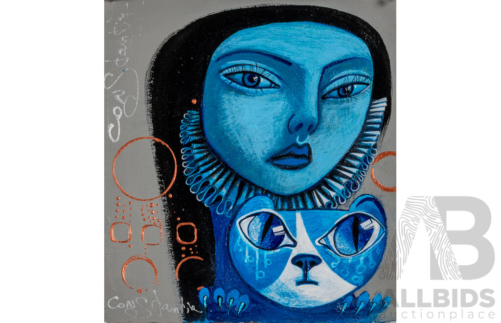 Constantine Popov, (20th Century, Russian-Australian, 1962-), Blue Girl with Her Cat, Acrylic on Card, 25 X 23 Cm