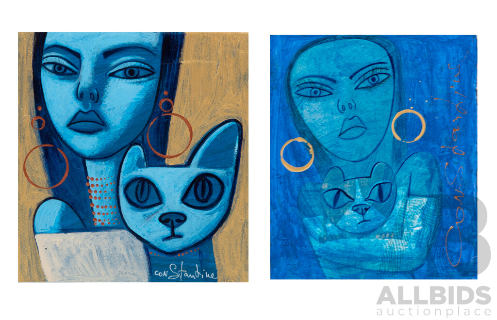 Constantine Popov, (20th Century, Russian-Australian, 1962-), Wonderful Pair of Girl with Earrings & Cat, Acrylic on Thick Card, 20 x 19 cm & 20 x 17 cm (2)