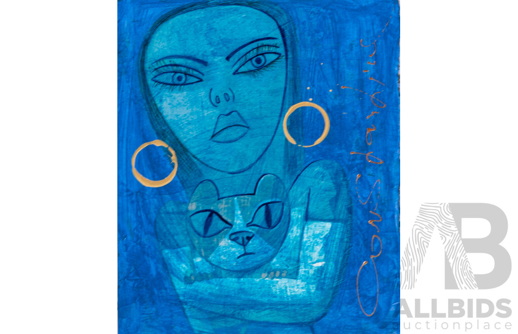 Constantine Popov, (20th Century, Russian-Australian, 1962-), Wonderful Pair of Girl with Earrings & Cat, Acrylic on Thick Card, 20 x 19 cm & 20 x 17 cm (2)