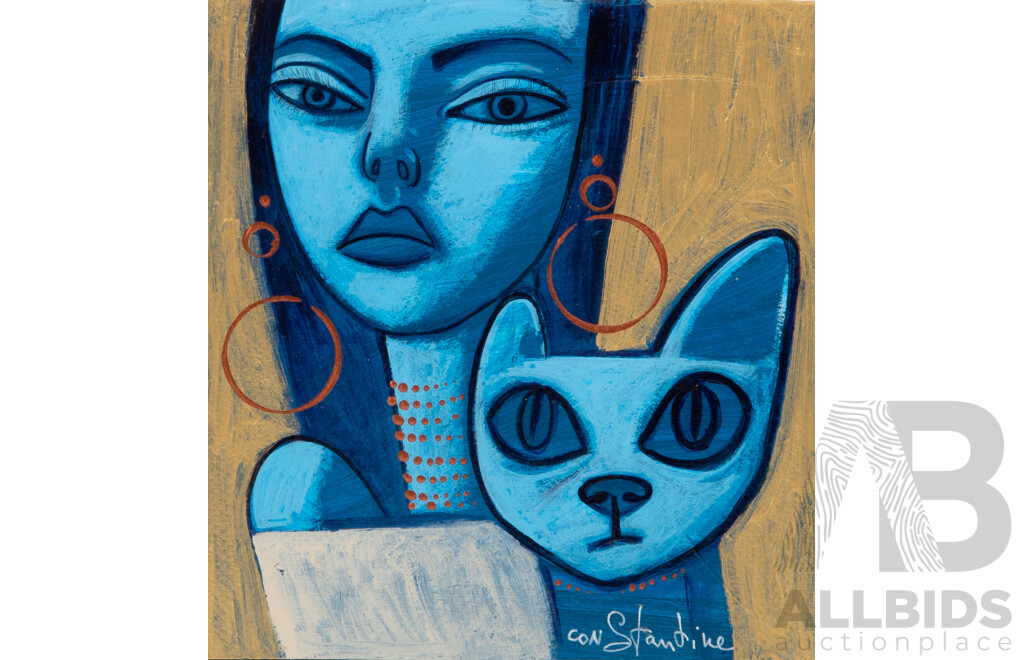 Constantine Popov, (20th Century, Russian-Australian, 1962-), Wonderful Pair of Girl with Earrings & Cat, Acrylic on Thick Card, 20 x 19 cm & 20 x 17 cm (2)