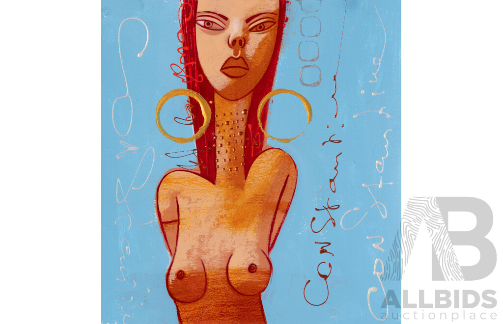 Constantine Popov, (20th Century, Russian-Australian, 1962-), 'Kit On!' - Wonderful Pair of Exotic, Naked Girls with Earrings on Blue, Acrylic on Card, 25 x 23 cm (2)