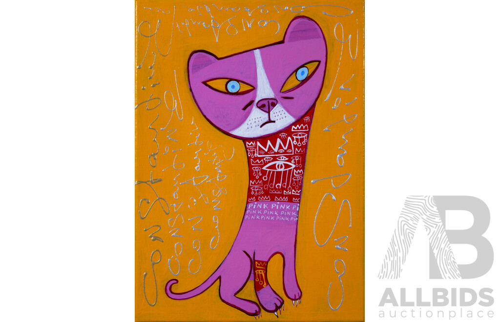 Constantine Popov (born 1962), Pink Cat on Yellow, Acrylic on Linen, Signed Within Image