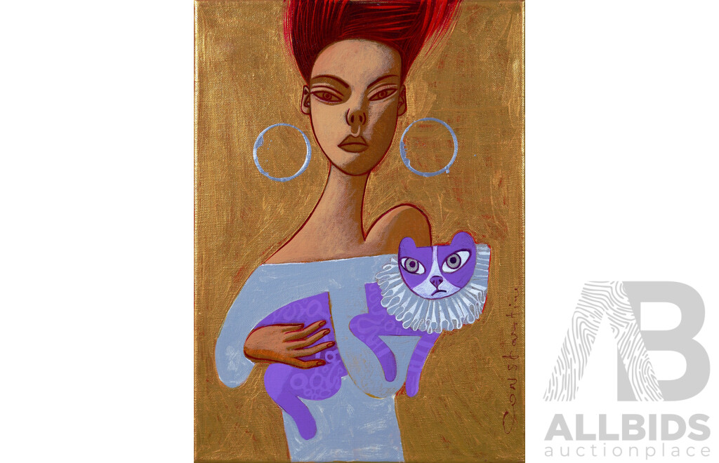 Constantine Popov (born 1962), Girl with Earrings and Cat, Acrylic on Linen, Signed Lower Right