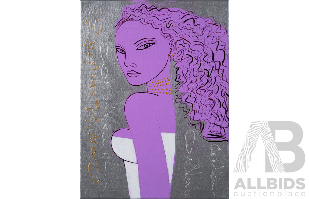 Constantine Popov (Born 1962), Purple Girl on Silver, Acrylic on Linen, Signed Within Image