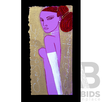 Constantine Popov, (20th Century, Russian Australian, 1962-), Wonderful Popov Purple Girl with Pearls on Gold, Acrylic on Card, 30 x 15 cm