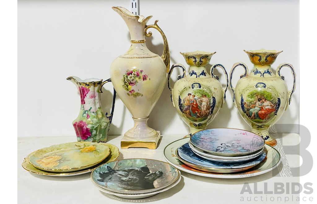 Collection of Hand Painted Porcelain Vases and Plates Depicting Flowers and Forest Scenes