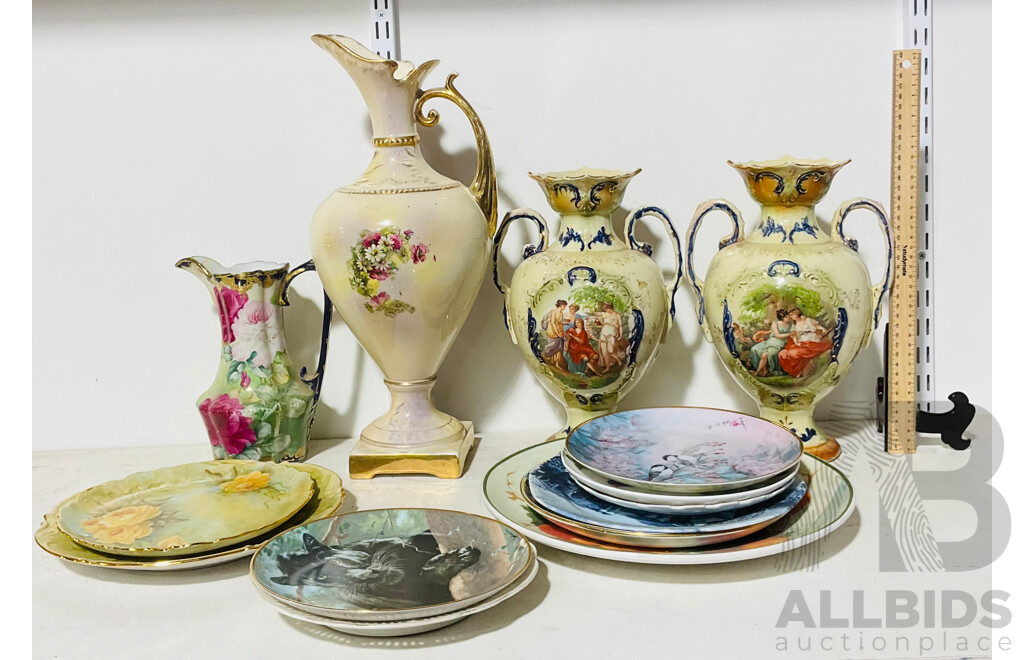 Collection of Hand Painted Porcelain Vases and Plates Depicting Flowers and Forest Scenes