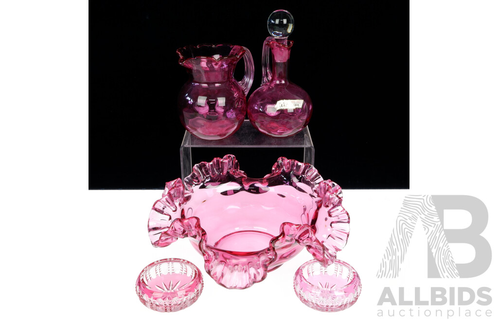 Collection Five Pieces Hand Made Cranberry Glass by Wistarian Japan Including Decanter with Stopper