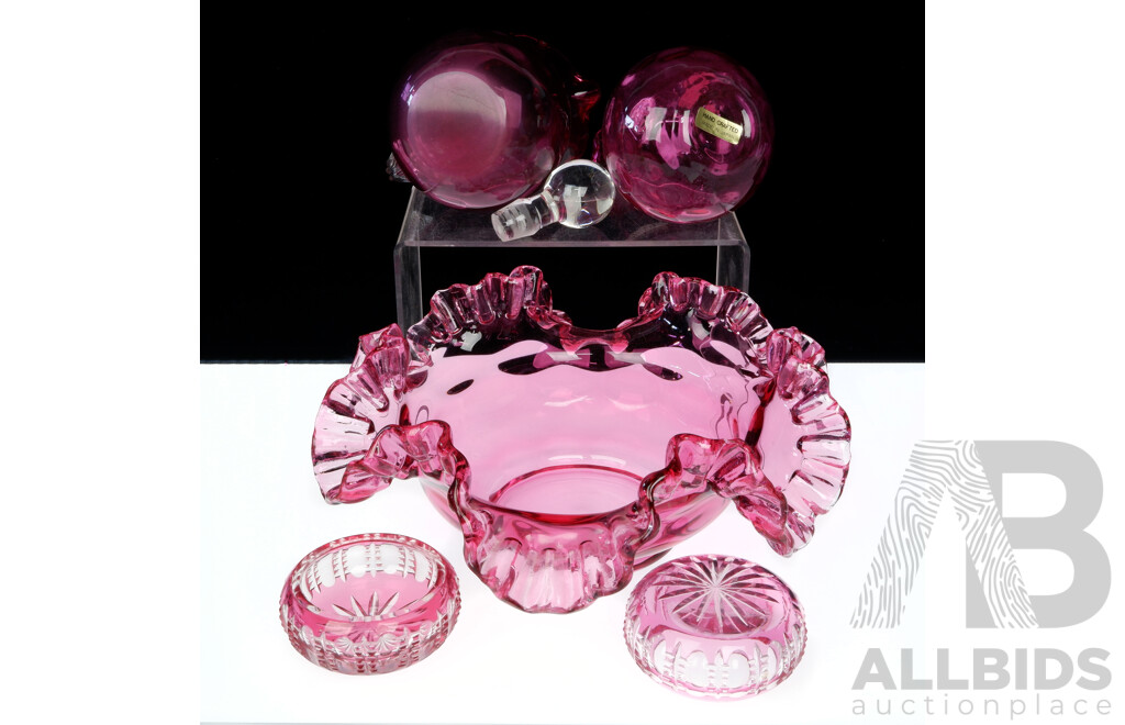 Collection Five Pieces Hand Made Cranberry Glass by Wistarian Japan Including Decanter with Stopper