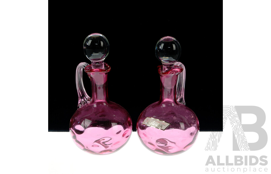 Pair Hand Made Cranberry Glass Decanters with Stoppers by Wistarian Japan