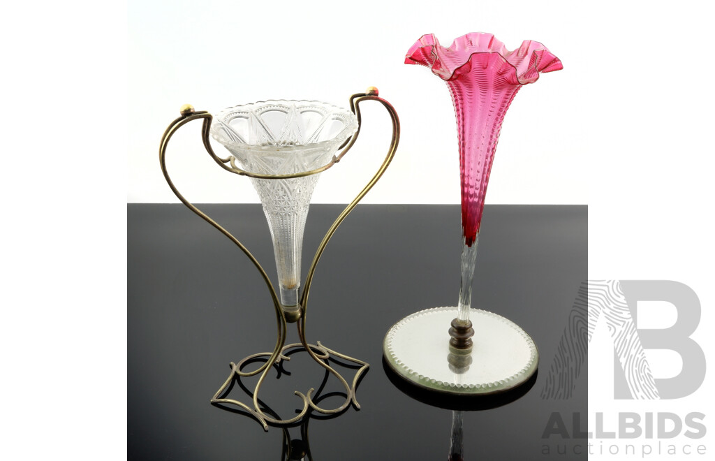 Vintage Epergne with Cranberry Glass Trumpet with Ruffled Rim Along with Cut Glass Example on Metal Stand